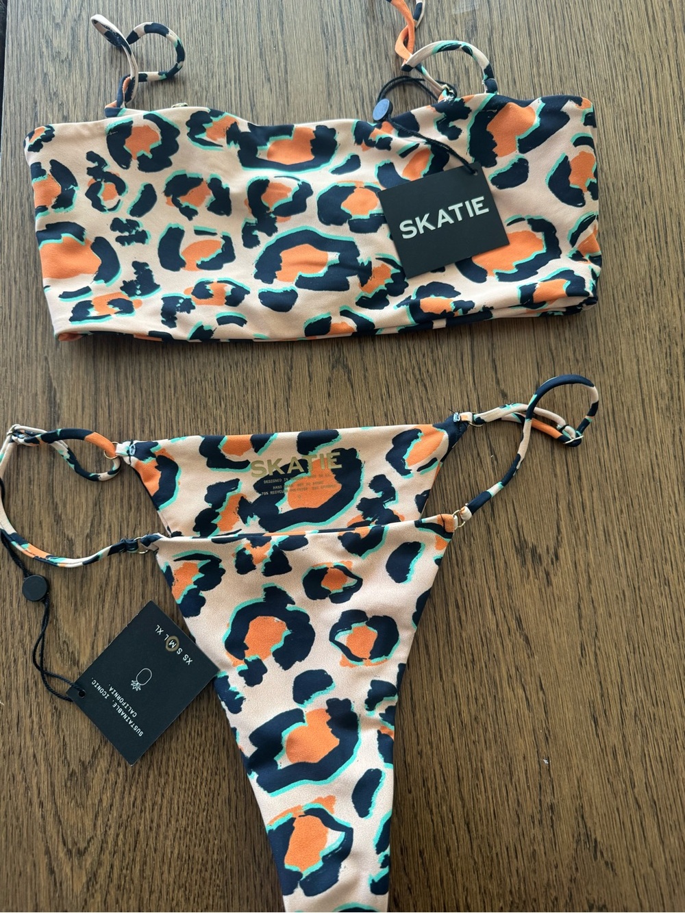 Skatie Leopard Print Two-Piece Bikini in Peach, Orange, & Black